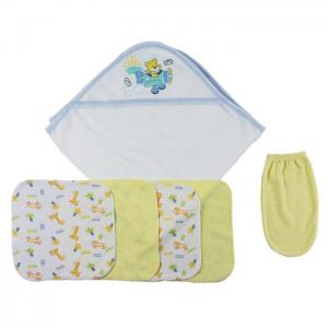 Blue hooded towel, washcloths and hand washcloth mitt - 6 pc set