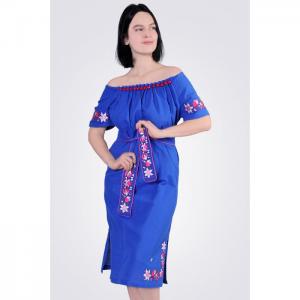 Embroidered dress with beads, blue - egostyle