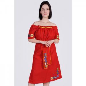 Embroidered dress with beads, red - egostyle
